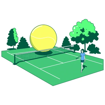 A green tennis court is depicted with a giant yellow tennis ball bouncing towards a person standing at the net. The ball is large enough to overshadow the player, who is wearing a blue outfit and has a surprised yet excited expression. The court is marked with bright white lines, and the net is taut in the center. Around the court, there are trees with lush green leaves, adding a touch of nature to the scene. The sun is shining brightly, casting clear shadows on the court, enhancing the dynamic moment of play.