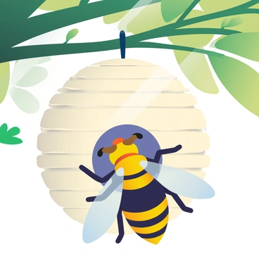 A close-up view of a hornet with a black and yellow striped body is shown as it is entering a spherical, paper-like hive. The hive hangs from a sturdy green tree branch, and the structure of the hive is textured, showcasing the layers of paper made by the hornets. Sunlight filters through the leaves of the tree, creating dappled light on the hive, while small details of the tree bark and surrounding foliage add depth to the scene. The hornet's wings are slightly spread as it approaches the entrance of the hive.
