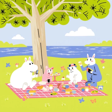 The Moomin family is gathered for a picnic on a green meadow beside a gently flowing river. A large oak tree with a thick trunk and sprawling branches provides shade over the picnic area. Moomintroll, a round, white creature, is sitting on a red and white checkered blanket filled with various colorful picnic foods like sandwiches, fruits, and drinks. Snorkmaiden, with her light pink color and long hair, is arranging the food while smiling. Moominmama, wearing a blue dress, is pouring tea into cups, and Moominpappa, sporting a hat, is looking at a book. Nearby, a few butterflies and small birds are fluttering, adding a lively touch to the scene. The river sparkles in the sunlight, reflecting the blue sky with a few fluffy white clouds.