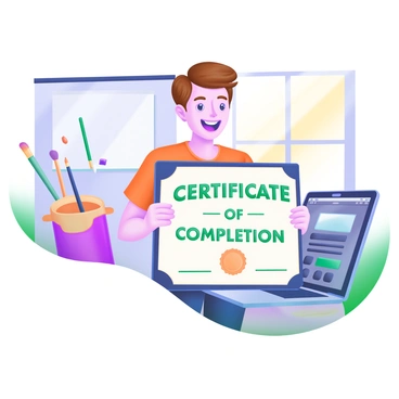 A proud student is standing with a wide smile, holding a certificate of completion for an online illustration course. The certificate features the words "Certificate of Completion" prominently in bold letters, with decorative borders. The student has short brown hair and is wearing a casual, colorful t-shirt. In the background, there are art supplies like paintbrushes, a sketchpad, and a laptop open to an illustration program. Sunlight streams through a window, casting a warm glow in the room.