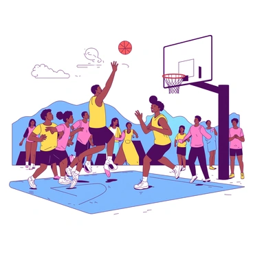 A group of diverse individuals engaged in an energetic game of basketball on an outdoor court. The players are wearing brightly colored jerseys, with two distinct teams represented. One player is jumping high to make a slam dunk, while another is poised to block the shot. Spectators can be seen in the background, cheering and enjoying the game. The basketball is soaring through the air towards the hoop, with some players running in various dynamic poses around the court.