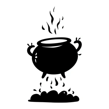 A large cauldron floating in mid-air, with steam rising from its rim. The cauldron is adorned with intricate designs and has a slightly glossy surface. Below it, the ground is marked by distinct shadows, where the cauldron's silhouette creates a contrast. The scene is filled with swirling patterns emanating from the cauldron, adding to the mystical atmosphere.