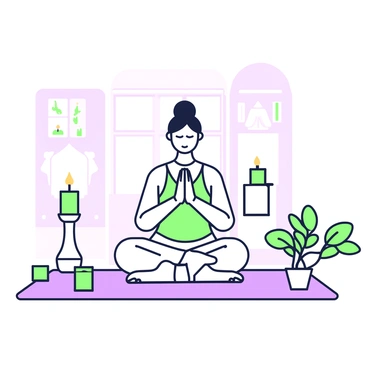 A person is sitting in the namaste pose on a soft mat in a dimly lit room. The individual has their hands pressed together at the chest, eyes closed, and a calm expression on their face. Surrounding them are several candles of various sizes, each casting a warm glow that softly illuminates the room. The walls are adorned with peaceful decorations, and a small plant in the corner adds a touch of life to the environment. The overall atmosphere suggests a moment of tranquility and mindfulness.