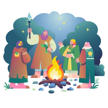 A group of five druids is gathered around a large bonfire in a dark green forest. The druids are wearing flowing robes in various shades of earthy browns and greens, adorned with natural elements like leaves and flowers. One druid stands at the forefront, raising a staff topped with a glowing crystal. The bonfire casts warm light, illuminating their faces and reflecting off their intricate nature-themed jewelry. Surrounding the fire, there are scattered stones and small plants, adding to the ritualistic atmosphere. Above them, the night sky is visible through the tree canopy, showcasing a scattering of stars.