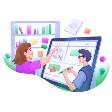 A modern pastel illustration showing two illustrators collaborating on a large digital tablet. One illustrator, a woman with short brown hair, is pointing at the screen while explaining concepts. The other illustrator, a man with glasses and curly hair, is listening intently, holding a stylus in one hand. Various sketches and color swatches are scattered around the tablet, creating a creative workspace atmosphere. In the background, there are shelves filled with art supplies and books, emphasizing the artistic environment.