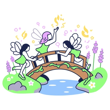 Fairies flying around a small garden bridge, using their magic to control the flames