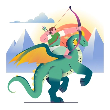 An archer riding a mythical creature, aiming their bow at the sky