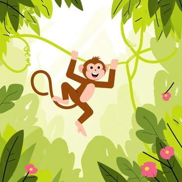 A playful monkey with brown fur swings energetically from a green vine to another in a dense jungle. The monkey has a long tail that curls as it leaps through the air, and its face is expressive, showing a wide grin. The jungle is filled with lush green foliage, and colorful flowers peek through the leaves. Sunlight filters through the dense canopy overhead, creating dappled light patterns on the forest floor. Other vines hang nearby, adding to the vibrant and lively atmosphere of the jungle.