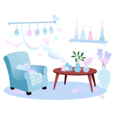 A cozy room features a warm, inviting atmosphere illuminated by the soft glow of multiple candles scattered around. The walls are adorned with colorful Easter decorations, including painted eggs hanging from delicate ribbons and cheerful spring flowers in vases. A plush armchair sits in the corner, draped with a knitted blanket, while a small wooden table holds an arrangement of Easter-themed items. There are pastel-colored eggs nestled in a decorative basket on the table, and a gentle light casts a warm hue across the room, enhancing the festive ambiance.