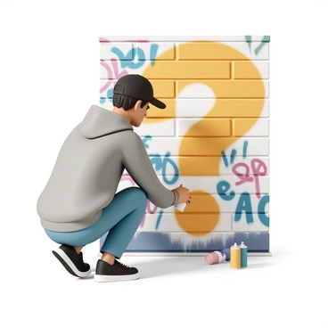 A street artist, wearing a black cap, a gray hoodie, and blue jeans, is focused on spray painting a giant "?" on a textured brick wall. The artist is crouched low, holding a can of bright yellow spray paint in one hand while using the other hand to guide the paint as it flows onto the wall. The wall is covered in various vibrant graffiti art, providing a colorful background. A few cans of spray paint in different colors are scattered on the ground nearby. The scene captures the concentration and creativity of the artist at work, as the question mark takes shape.