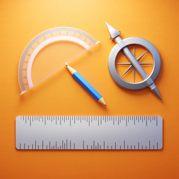 A protractor, a compass, and a ruler are arranged neatly on a wooden desk. The protractor is transparent and has clear markings in degrees. The compass features a metallic finish with a pointed tip and a pencil attached. The ruler is made of sturdy plastic with measurements in both centimeters and inches. Soft shadows fall across the desk, highlighting the instruments' shapes and details.