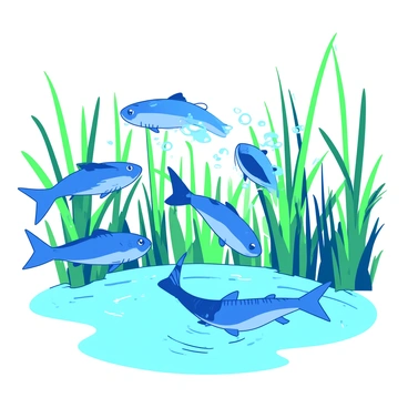 A blue group of minnows is gracefully swimming in a choreographed dance among vibrant green water plants. The minnows are arranged in a flowing formation, their scales shimmering as they dart and glide among the tall, thin reeds. Sunlight filters through the water, creating a soft illumination that highlights the delicate movements of the fish. The water plants sway gently with the current, providing an intricate backdrop to the rhythmic motion of the minnows.