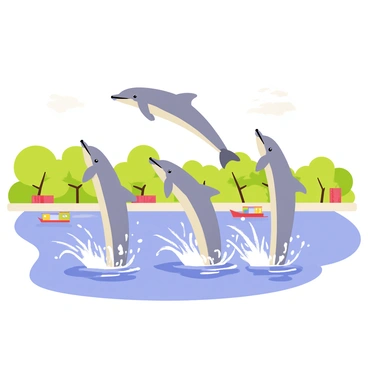 A group of playful river dolphins jumping out of the Ganges River in a graceful arch. The dolphins have smooth, grey skin that glimmers in the sunlight. The water splashes around them, creating a spray of droplets that catch the light. In the background, lush green trees line the riverbank, and small colorful boats drift peacefully along the water. The scene captures the joy and energy of the dolphins as they leap playfully above the surface.