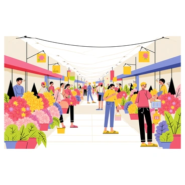 A bustling flower market filled with a variety of colorful stalls. Each stall is brimming with vibrant bouquets featuring shades of red, yellow, pink, and purple flowers. Customers are seen browsing through the flowers, some holding small shopping baskets. There are also hanging signs above the stalls displaying the names of different flowers. The scene is lively, with sunlight filtering through the petals creating a cheerful atmosphere. A few potted plants are arranged along the pathways, adding to the overall charm of the market.