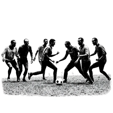 A group of zombies with decaying skin and tattered clothing are gathered in a grassy field. They are animatedly kicking a soccer ball with enthusiasm. Some have outstretched arms, while others are crouched low, ready to strike, showcasing their rotting limbs. The soccer ball is at the center of the action, with a few zombies attempting to gain control of it. The background features a simple, open field with a few scattered, wilting plants under a clear sky. The overall scene captures a sense of chaotic fun amidst the eerie context.