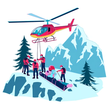 A rescue helicopter with a bright red and yellow color scheme is hovering above a rugged mountain peak. The helicopter's blades are spinning rapidly, creating a dynamic movement. Below, a team of rescue workers clad in bright orange gear is coordinating a rescue operation on a rocky slope. They are using ropes to secure a stretcher with a patient, who is bundled in thermal blankets. Snow-covered terrain surrounds them, with tall pine trees dotting the landscape. In the distance, jagged mountain ridges stretch under a clear blue sky.