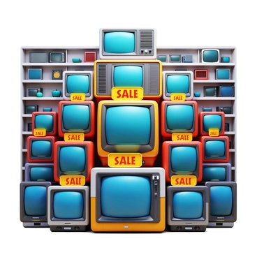 A huge stack of vintage televisions arranged prominently in an electronics store. The televisions display various colors and designs, with some showing static screens. Brightly colored "SALE" signs in bold fonts are attached to the stack of televisions, drawing attention. The background features shelves filled with other electronic devices, adding context to the store environment. The lighting highlights the glossy surfaces of the televisions, creating a vibrant display.