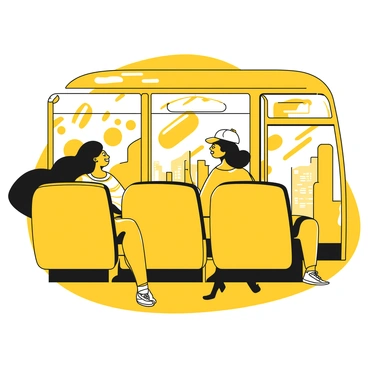 Two friends sitting in the back seat of a bus, engaged in a lively conversation. One friend is leaning back, laughing, with long hair flowing down her shoulders. The other friend is sitting forward, animatedly speaking with a big smile, wearing a cap. The bus interior shows rows of seats and large windows, with some city scenery visible outside. The atmosphere is filled with joy and camaraderie as they share stories.