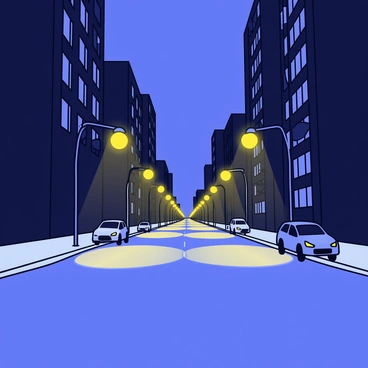 An empty city street at night, lined with tall buildings casting long shadows. Streetlights emit a warm glow, illuminating the pavement in soft yellow light. The pavement is wet, reflecting the lights and creating a shimmering effect. There are no people in sight, and the environment feels quiet and still. A few parked cars are visible along the side of the road, adding to the sense of solitude.