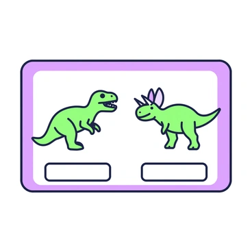 A flashcard is displayed with illustrations of different types of dinosaurs. On the left, there is a detailed depiction of a "T-Rex" standing with its powerful legs and tiny arms, showcasing its sharp teeth and distinctive head. Next to it, there is a "Triceratops" presented in profile, with its three prominent horns and large frill, standing on all fours. The background is plain to emphasize the dinosaur illustrations, and text boxes at the bottom label each dinosaur clearly.