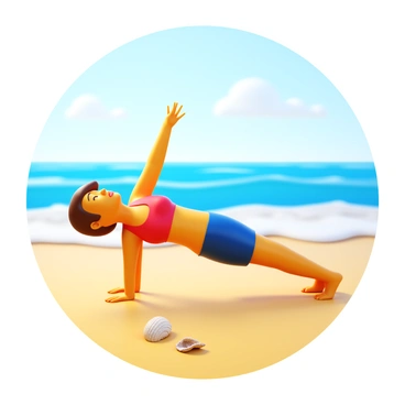 A person in a fitness outfit performing a side plank on a sandy beach. The individual is balanced on one side, with one arm extended upwards and the other supporting their body. The sun casts warm light on the scene, highlighting the person's focused expression. In the background, gentle waves roll onto the shore, and the sky is clear with a few fluffy clouds scattered. There are scattered seashells on the sand near the person, adding detail to the beach environment.