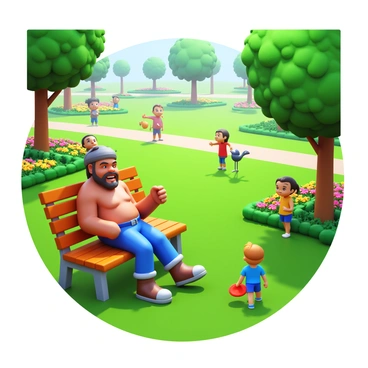 A city park featuring lush green grass and colorful flower beds. In the foreground, a Goliath sitting comfortably on a wooden bench. The Goliath is wearing casual clothing and has a content expression, resting with one arm casually draped over the back of the bench. Nearby, children are playing with a frisbee, and a few birds are perched on the bench. Sunlight filters through the trees, casting dappled shadows on the ground.