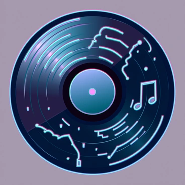 A close-up of a vinyl record, showcasing its shiny black surface and intricate grooves. The grooves come to life as textured patterns, each uniquely representing different music genres. For rock, there are jagged, lightning-like lines; for classical, swirling elegant designs; for jazz, flowing curves that resemble musical notes; and for electronic, geometric shapes with sharp angles. The background is softly blurred to emphasize the detailed patterns and textures on the vinyl record itself.