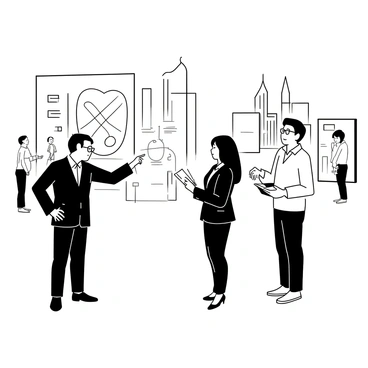 A group of business professionals standing together in Raffles Place, Singapore, observing various art installations. One man in a tailored suit is pointing towards a large abstract sculpture with interest. A woman in a fitted blazer is taking notes on a notepad while glancing at a colorful mural on the wall. Another professional, wearing glasses, is discussing the artwork with a colleague, gesturing with his hand. The background features modern skyscrapers and bustling pedestrians.