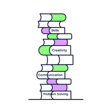 A stack of blocks is arranged to form a tall tower. Each block is labeled with different skills, such as "Creativity," "Communication," and "Problem Solving." The blocks vary in size and are stacked in a balanced manner. The tower has a solid base and tapers as it reaches the top. The blocks are distinctly outlined, creating a clear visual of each labeled skill. A flat surface underneath supports the tower, emphasizing its height and structure.