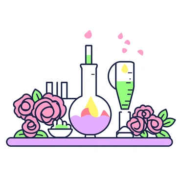 A scene showing the process of extracting rose oil. On a wooden table, there is a glass distillation apparatus with a round bottom flask and a condenser. The flask is filled with water and fresh rose petals are floating on the surface. Surrounding the equipment, there are several clusters of vibrant fresh roses in shades of pink and red. Each rose is carefully arranged, showcasing their full blooms. Next to the apparatus, there is a small dish containing a golden drop of extracted rose oil. In the background, a few glass vials are placed, ready to be filled with the rose oil.
