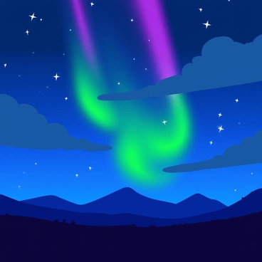 A night sky filled with "vibrant green and purple northern lights" shimmering and dancing across the clouds. The lights create an ethereal glow that reflects off a dark landscape below. Silhouettes of distant mountains are visible beneath the colorful display. Stars twinkle faintly in the background, adding to the mystique of the scene. Fluffy clouds drift lazily, framing the spectacular phenomenon as it illuminates the atmosphere.