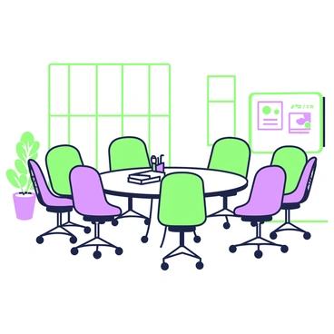 A collection of office chairs arranged in a circle inside a meeting room. Each chair has a distinct design, featuring various shapes and sizes. The chairs are positioned around a large round table in the center of the room. The table is complemented by a stack of notebooks and pens placed neatly on top. The walls of the meeting room have large windows allowing natural light to filter in, and a whiteboard is mounted on one side, filled with notes and diagrams. A small potted plant sits in the corner of the room, adding a touch of greenery.