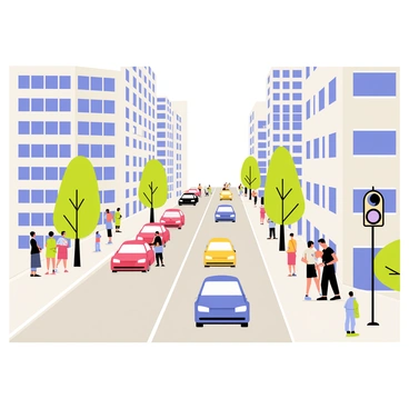 A quick pencil sketch of a bustling city street with people and cars