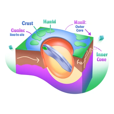 A detailed cross-section illustration of the Earth, showcasing the various layers including the crust, mantle, outer core, and inner core. Prominently featured is a subduction zone where one tectonic plate is descending beneath another. The layers are labeled with clear and bold text, such as "Crust," "Mantle," "Outer Core," and "Inner Core." Vibrant colors differentiate the layers, with shades of brown and green for the crust, deep blues and greens for the mantle, and metallic hues for the core. Arrows indicate the direction of the subducting plate, and additional elements such as magma pockets and fault lines are included to enhance the understanding of tectonic activity.