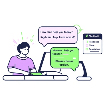 A diagram illustrating a user's interaction with a customer service chatbot. On the left side, there is a user sitting in front of a computer, with a focused expression while using the keyboard. In the center, a large speech bubble represents the chatbot's response, filled with various text options like "How can I help you today?" and "Please choose an option." Arrows connect the user's actions, such as typing a question, to the chatbot's responses, demonstrating a flow of conversation. On the right side, a small checklist with items like "Response Time" and "Resolution" is visible, emphasizing the evaluation of service efficiency.