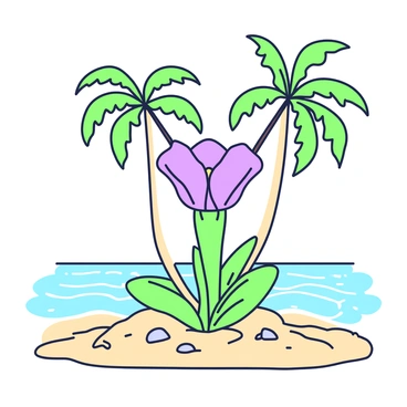 A lone corpse flower stands prominently in the center of a deserted tropical island. The flower has large, unique petals that are fully opened, showcasing its distinct shape. Surrounding the flower is lush greenery, with tall palm trees swaying gently in the breeze. In the background, the outline of a calm ocean can be seen, with soft waves lapping at the shore. The sand is beige and untouched, highlighting the isolation of the scene. A few scattered rocks can be observed, adding texture to the island landscape.