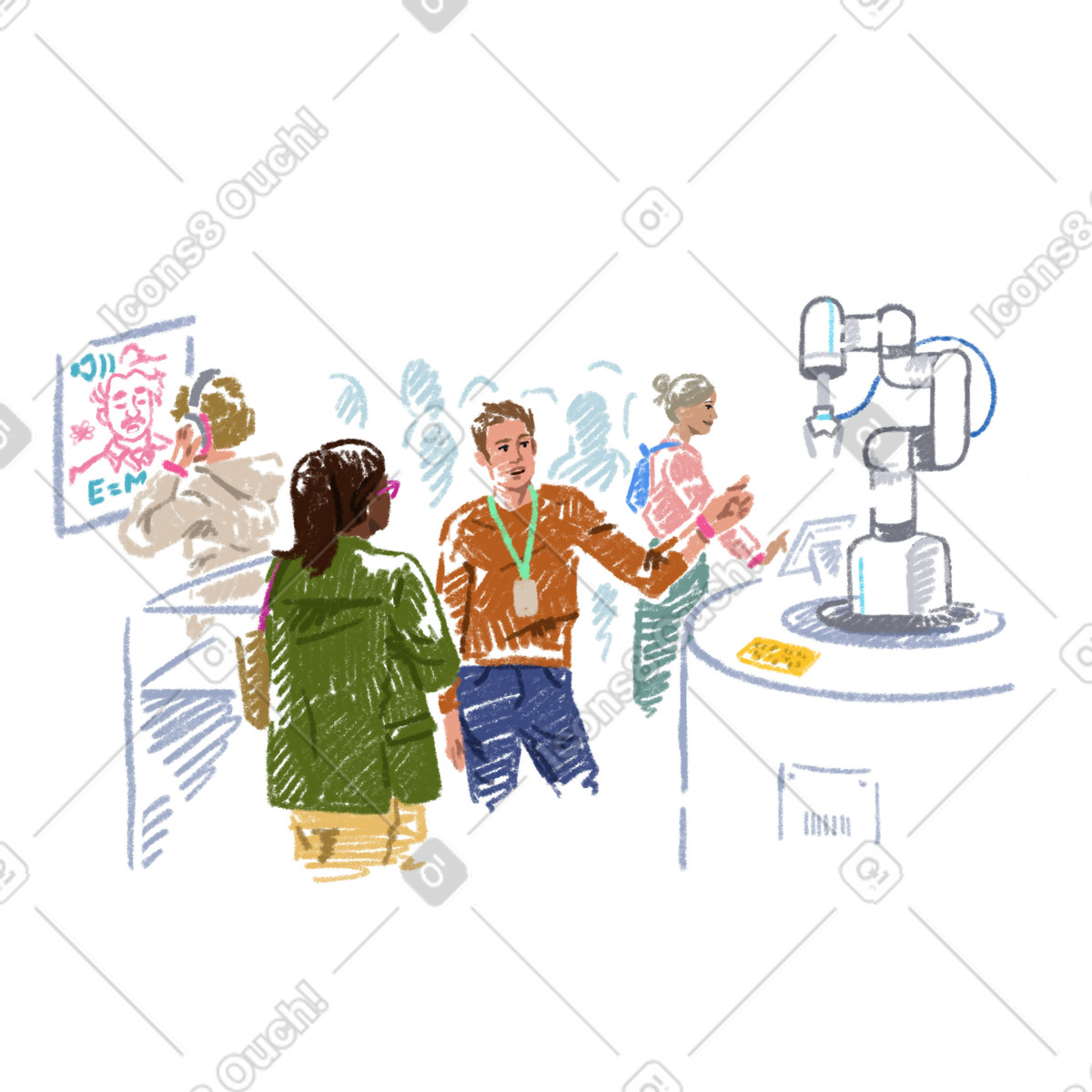 People at the technology exhibition illustration in Sketchbook style download in PNG, SVG