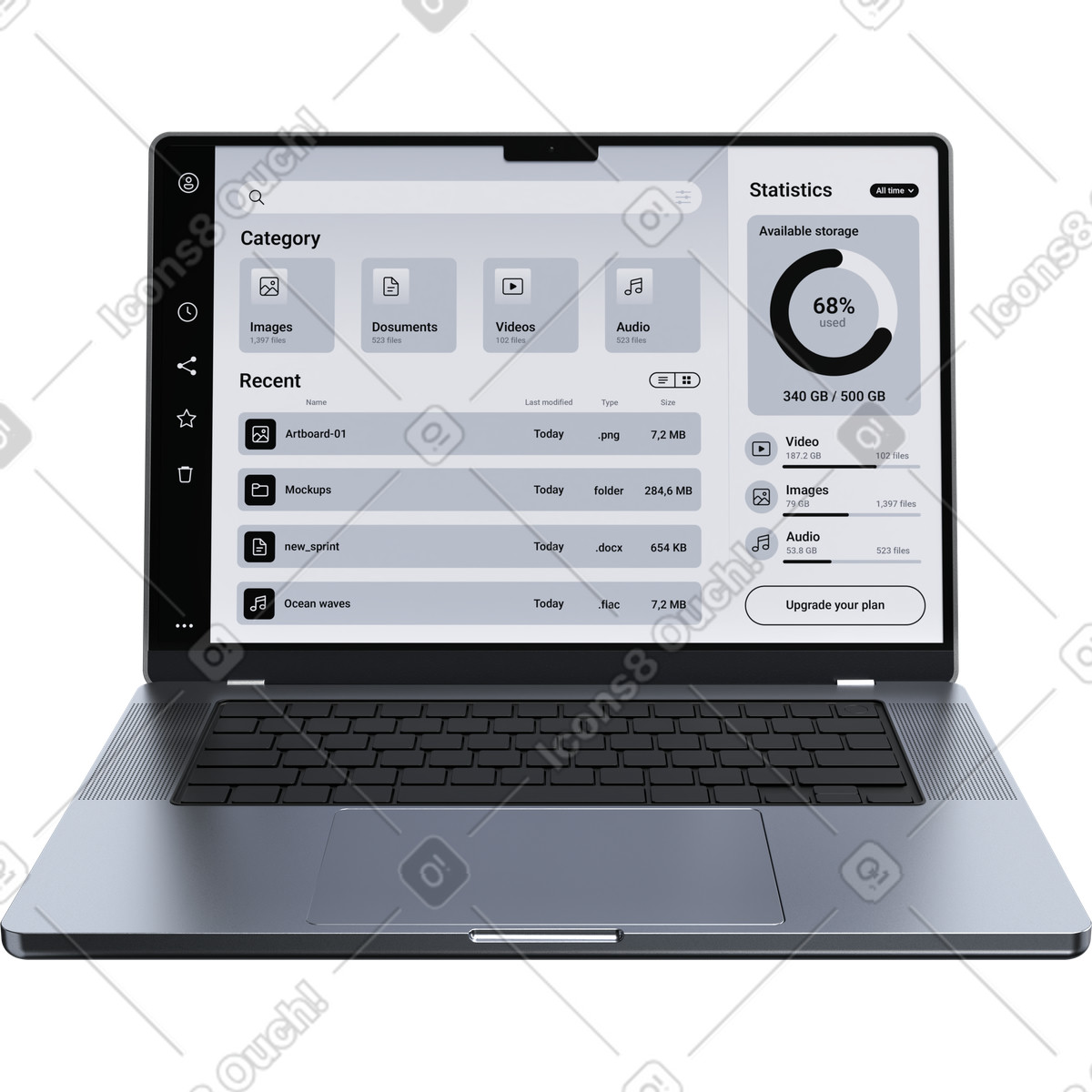 Piattaforma di archiviazione online, statistiche sull'utilizzo dei dati, interfaccia gestione file saas illustrazione in stile 3D Pro scarica in PNG, SVG