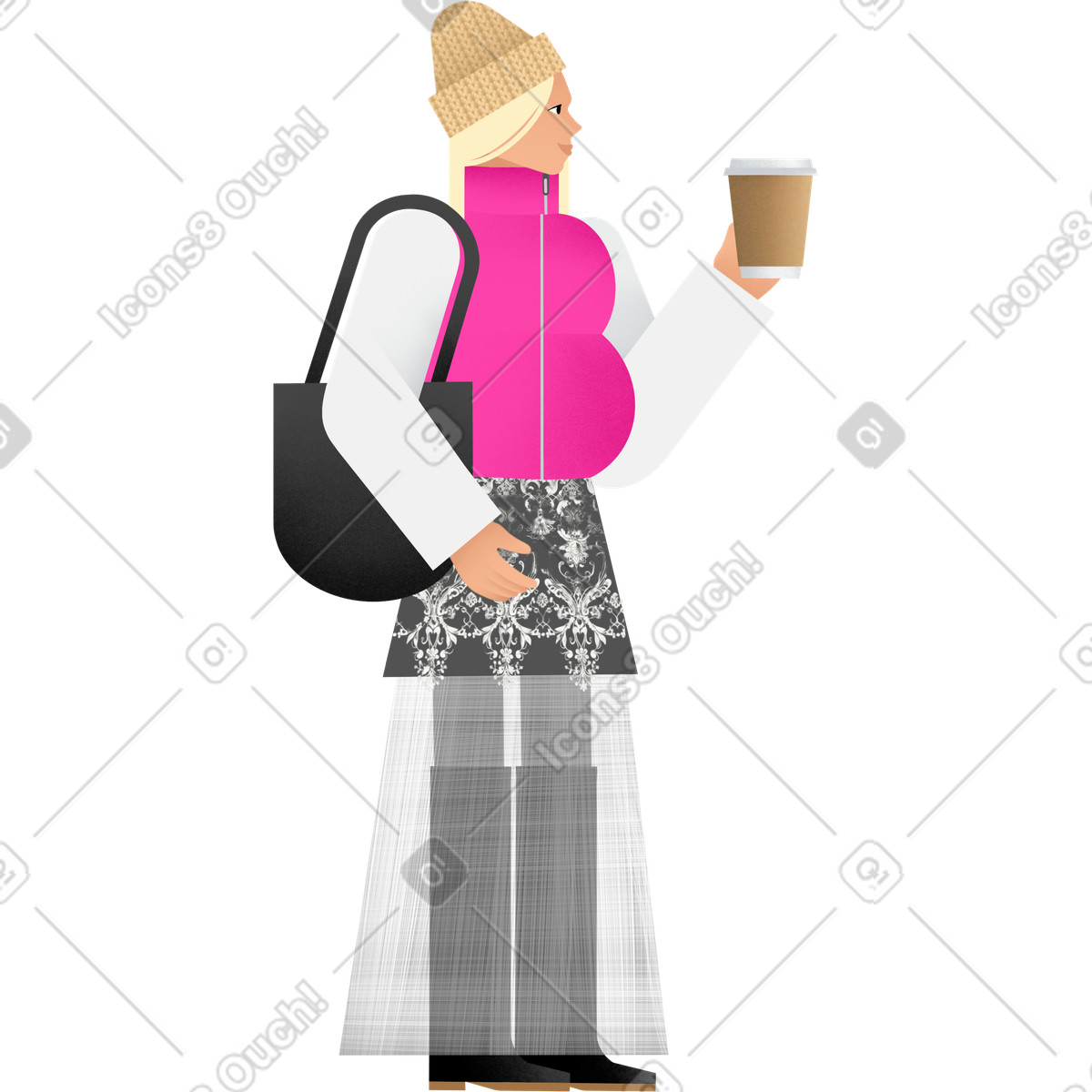 Patchwork 스타일의 Young woman with a cup of coffee 일러스트레이션 PNG, SVG 다운로드