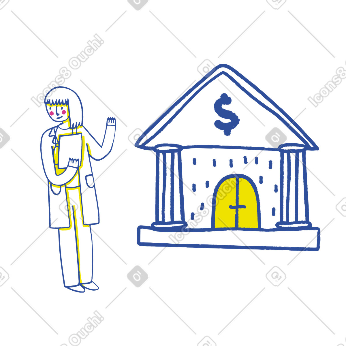 下载 Lime 风格的 拿着文件的女人站在银行大楼旁边 插画，支持 PNG、SVG 格式