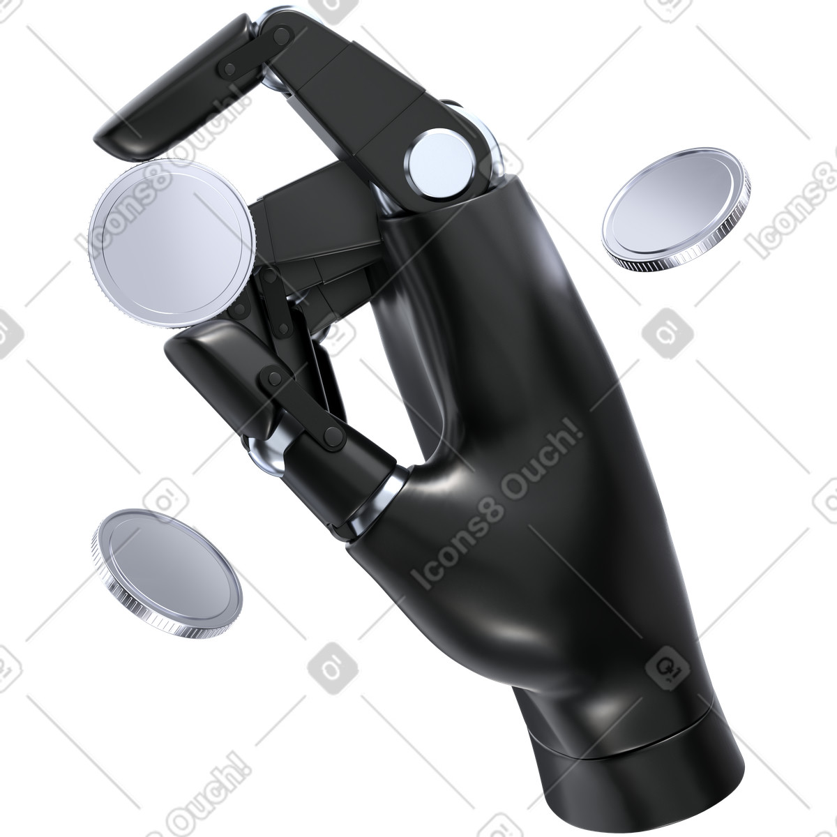Robotic Hand Flipping Coins, Automated Trading Activity, Financial Investment Automation illustration in 3D Pro style download in PNG, SVG