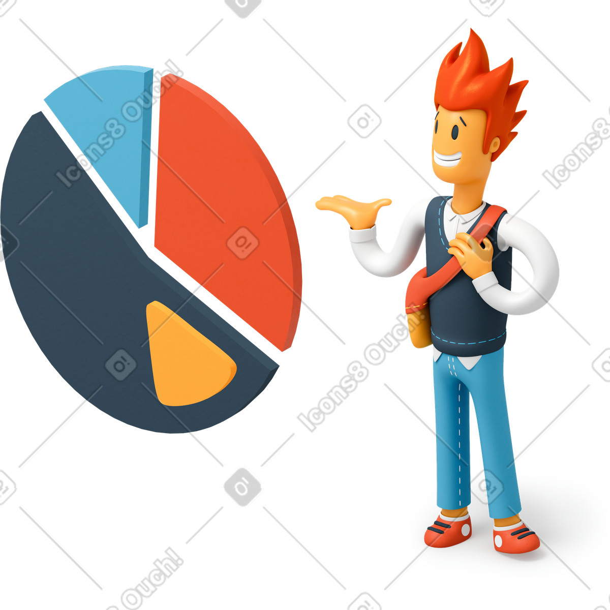 Ilustración Hombre presentando estadísticas del proyecto en estilo 3D Flame a descargar en PNG y SVG