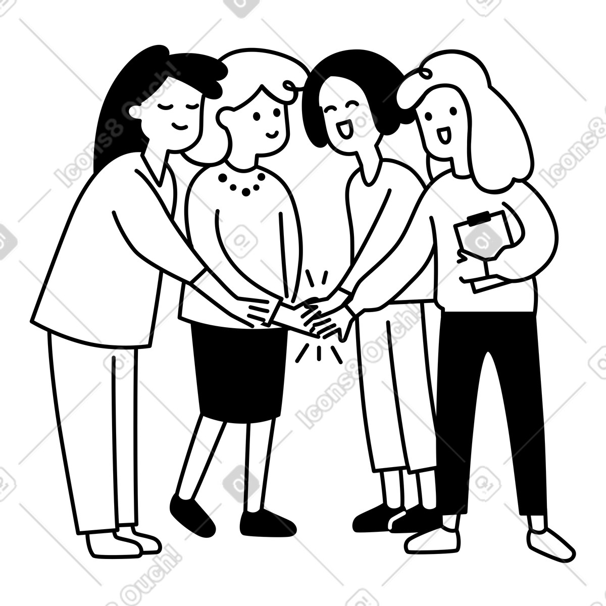 Illustration Coworkers joining hands circle expressing unity cooperation and trust dans le style Notion Line Art à télécharger aux formats PNG, SVG