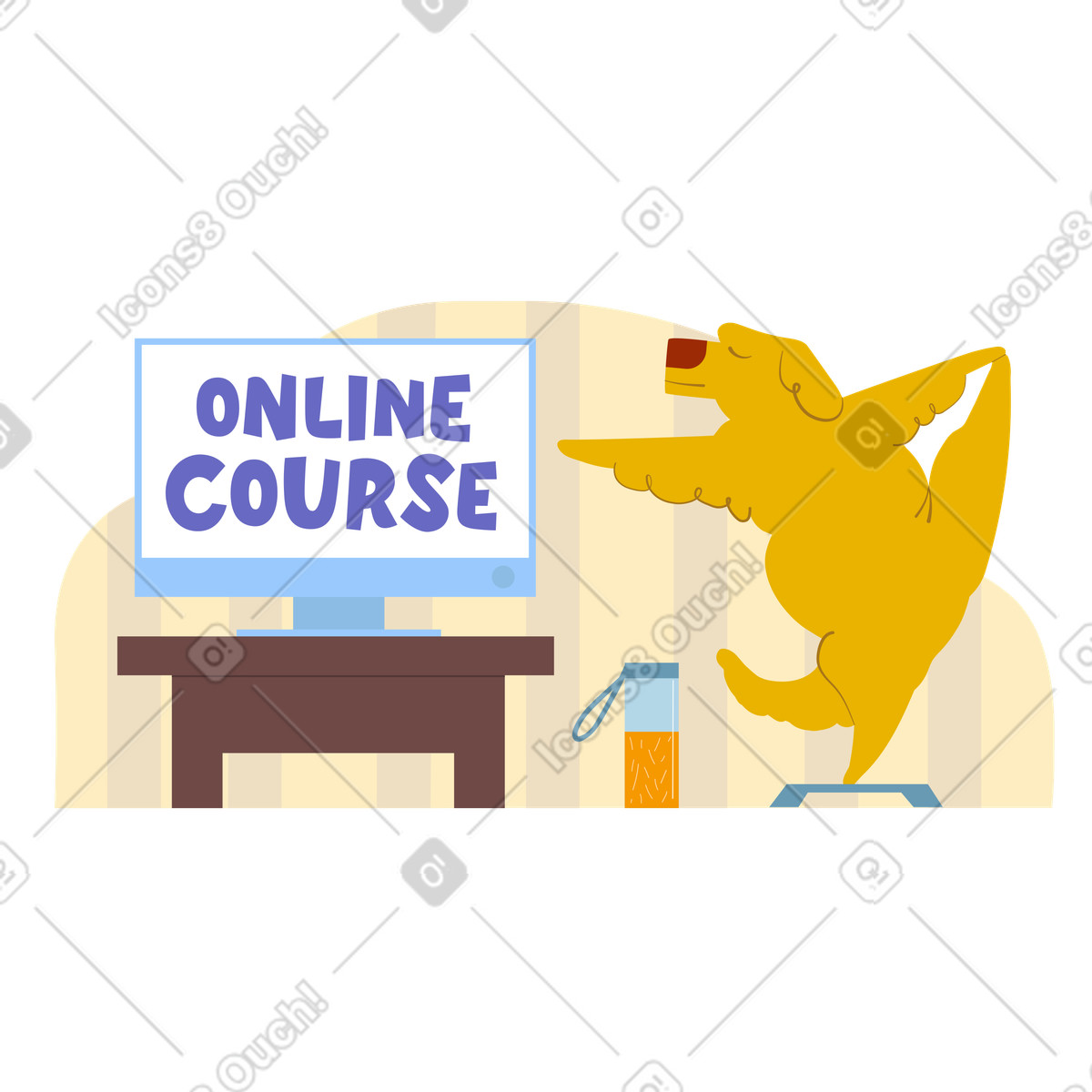 Online-kurstext auf dem computer und der hund macht eine übung-Illustration im Woof-Stil als Download in PNG, SVG