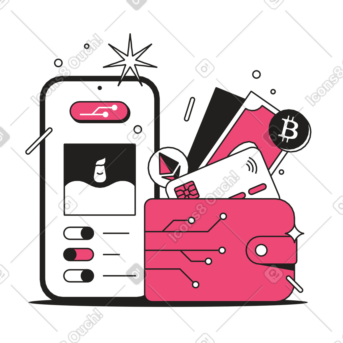 Dazzle Line スタイルの Mobile device and e-wallet with bitcoins, Digital finance cryptocurrency のイラストをPNG、SVG形式でダウンロード