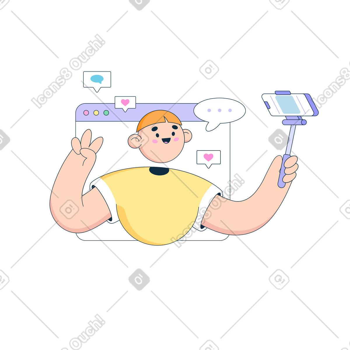 Blogger makes an online broadcast and collects likes illustration in Bubble gum style download in PNG, SVG
