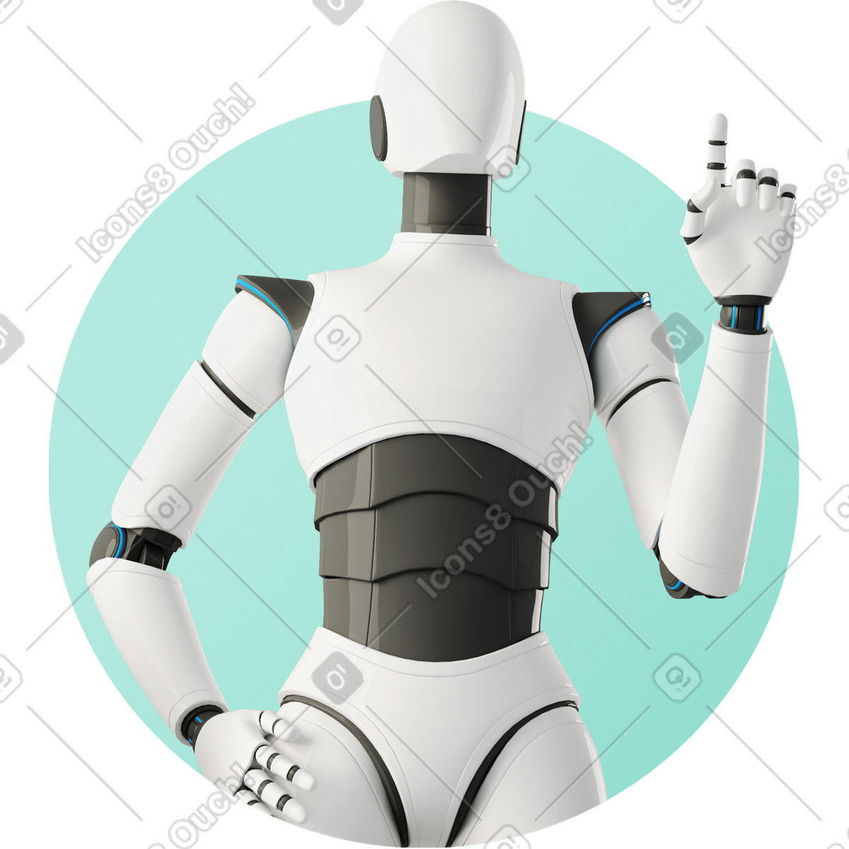 Robot Android raising finger gesture suggesting new idea or insight illustrazione in stile 3D Business scarica in PNG, SVG