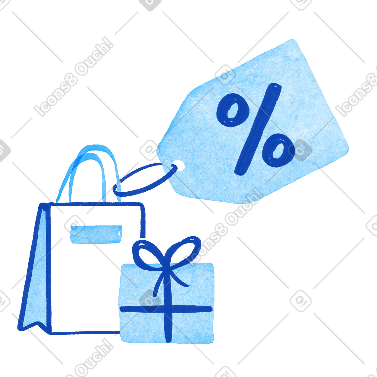 Ilustração de Discount tag with percentage sign above shopping bag and gift box em no estilo Tint para baixar em PNG, SVG