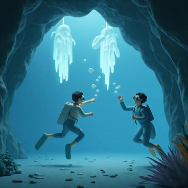 An underwater cave featuring "glowing stalactites" that emit a soft, luminescent light. The walls of the cave are textured with rough, uneven surfaces, and the floor is covered with scattered pebbles and seaweed. In the foreground, two "curious marine explorers" are swimming, wearing scuba gear that includes masks, fins, and wetsuits. One explorer is reaching out to touch a glowing stalactite, while the other is looking around in awe. Bubbles rise around them, and a variety of small fish swim nearby, illuminated by the light from the stalactites.