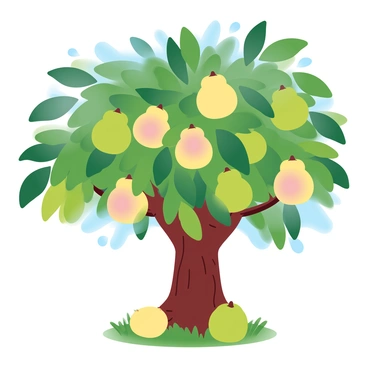 A lush guava tree has a thick trunk and is adorned with vibrant green leaves. The branches are heavy with ripe guavas, showcasing their yellowish-green skin, some with subtle blushes of pink. The bright blue sky provides a clear backdrop, enhancing the rich colors of the tree and its fruit. Sunlight filters through the leaves, casting playful shadows on the ground below, where a few fallen guavas rest among the grass.
